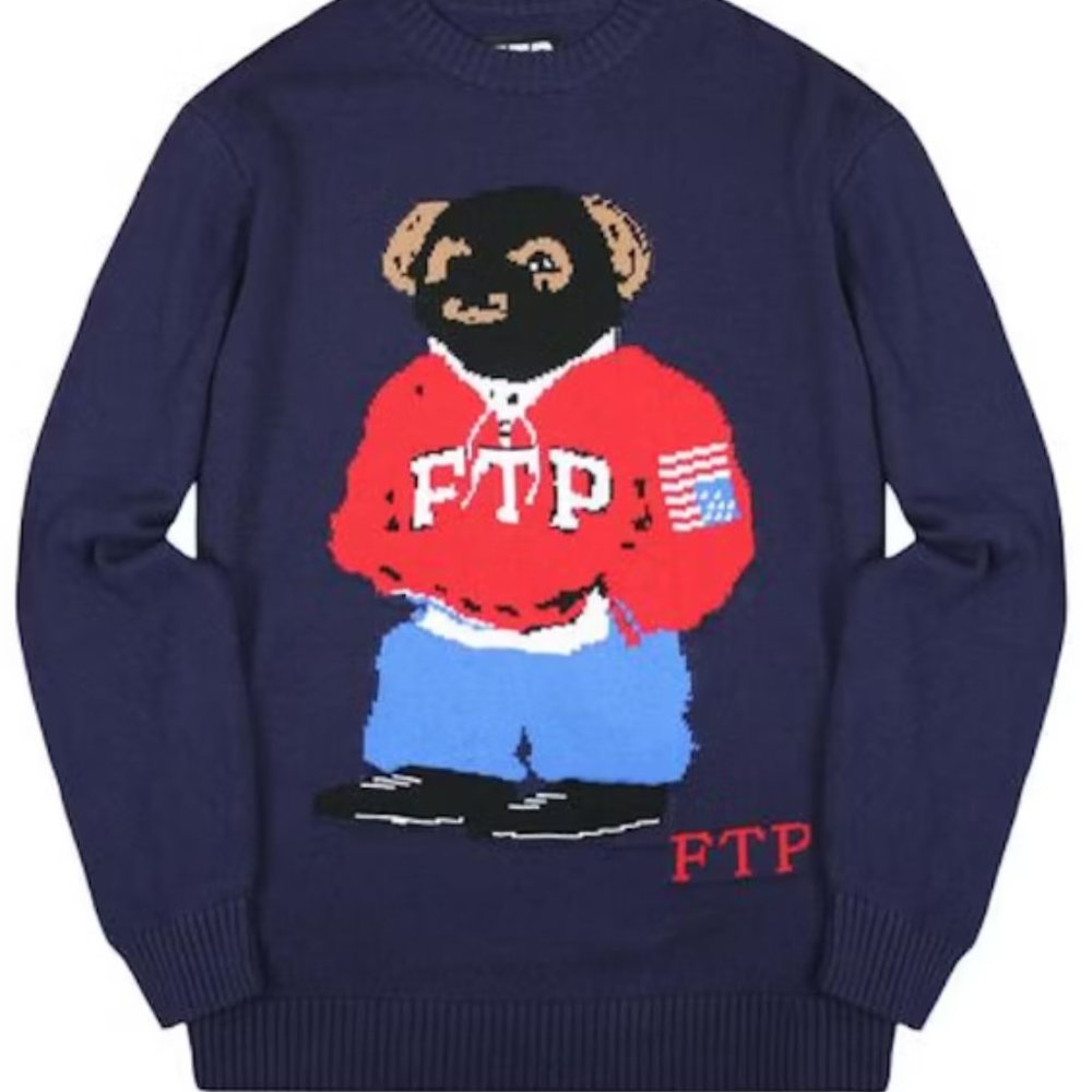 FTP FuckThePopulation Bear Knit Sweater Navy Large Brand New